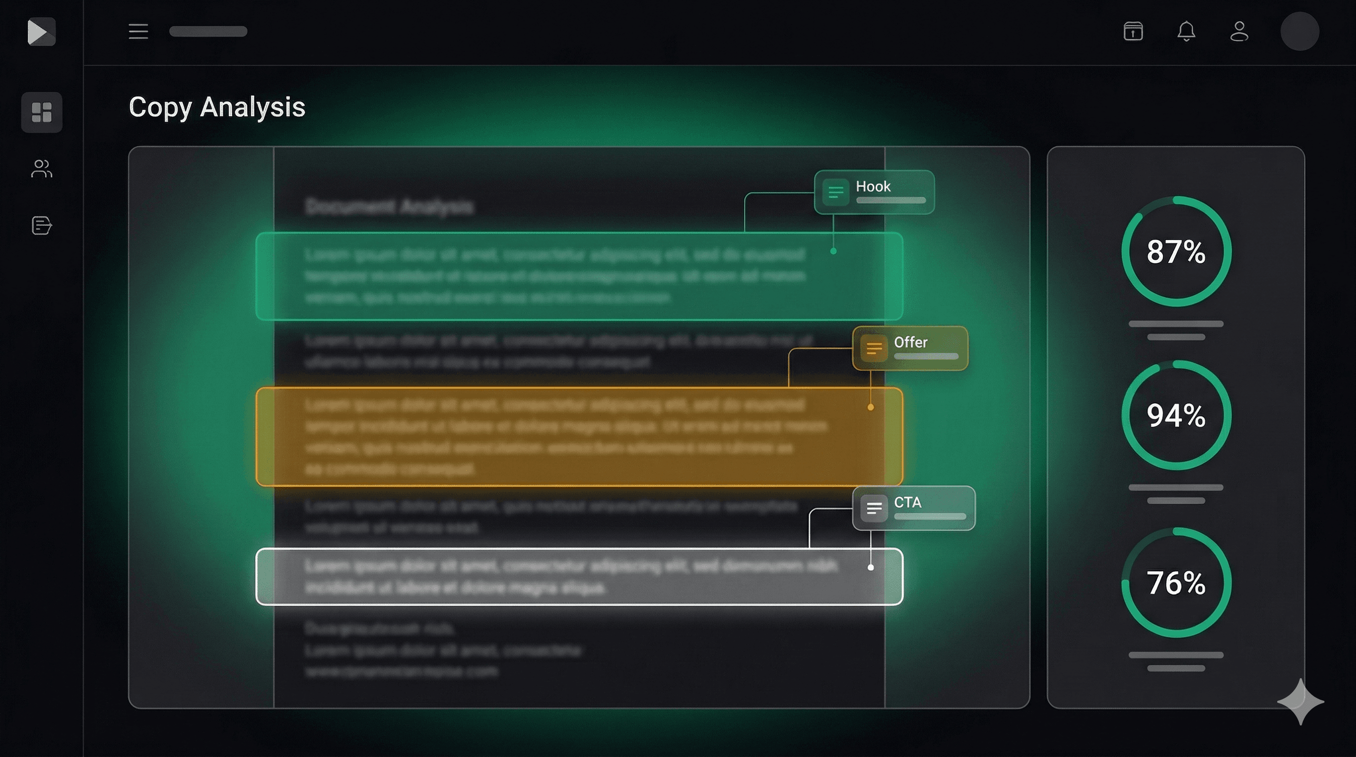 IA do ScrapeFlow analisando estrutura de copy com identificacao de Hook, Oferta e CTA